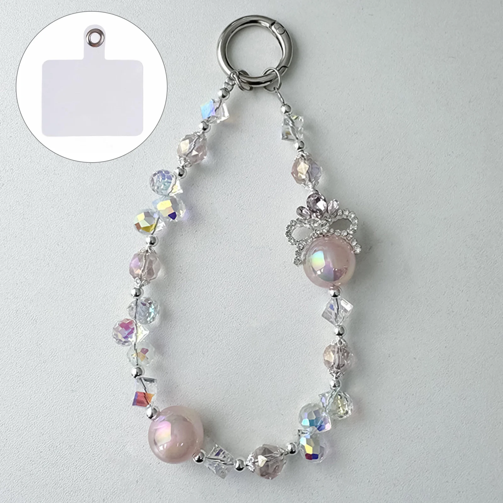

A1090 30cm Crown Phone Lanyard with Removable Blank White Card Alloy Beaded Chain Crystal Pearl Bead Phone Charm Wrist Strap - P