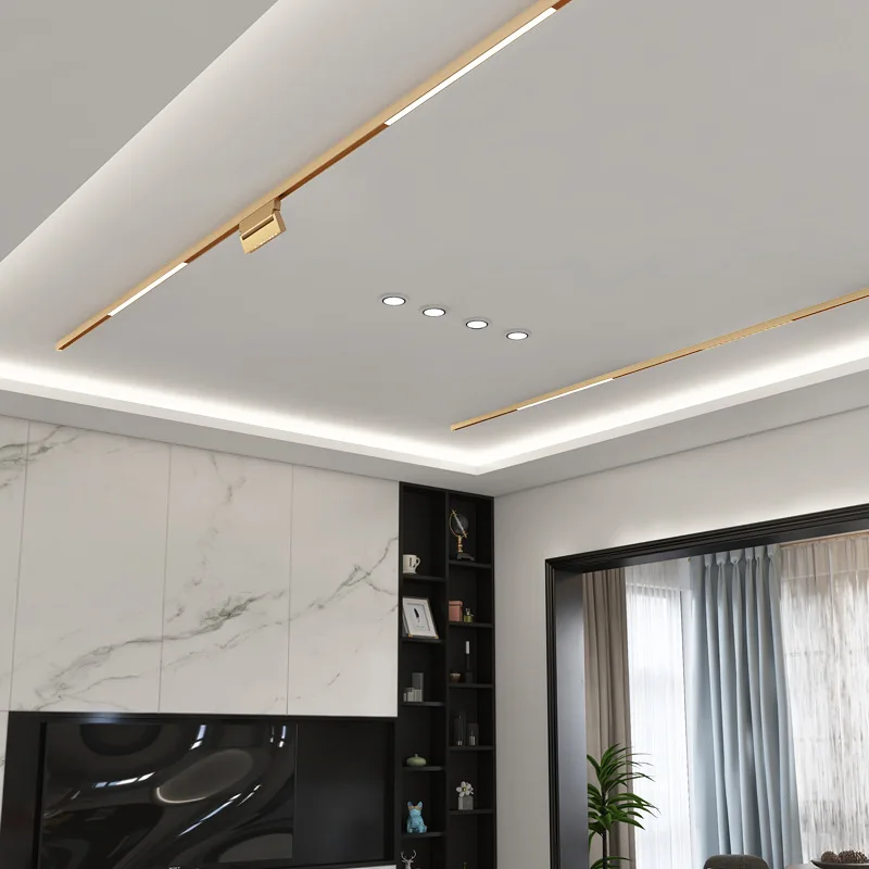 Gold LED Magnetic Track Light System Recessed Surface Mounted Ceiling Magnet Rail No Main Lighting For Living Room Corridor