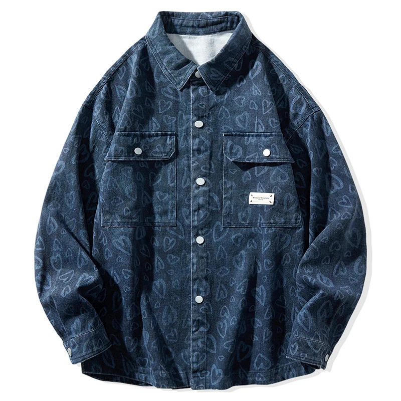 

Autumn and winter new washed denim shirts for couples, love printed long sleeved loose casual shirt jacket for men