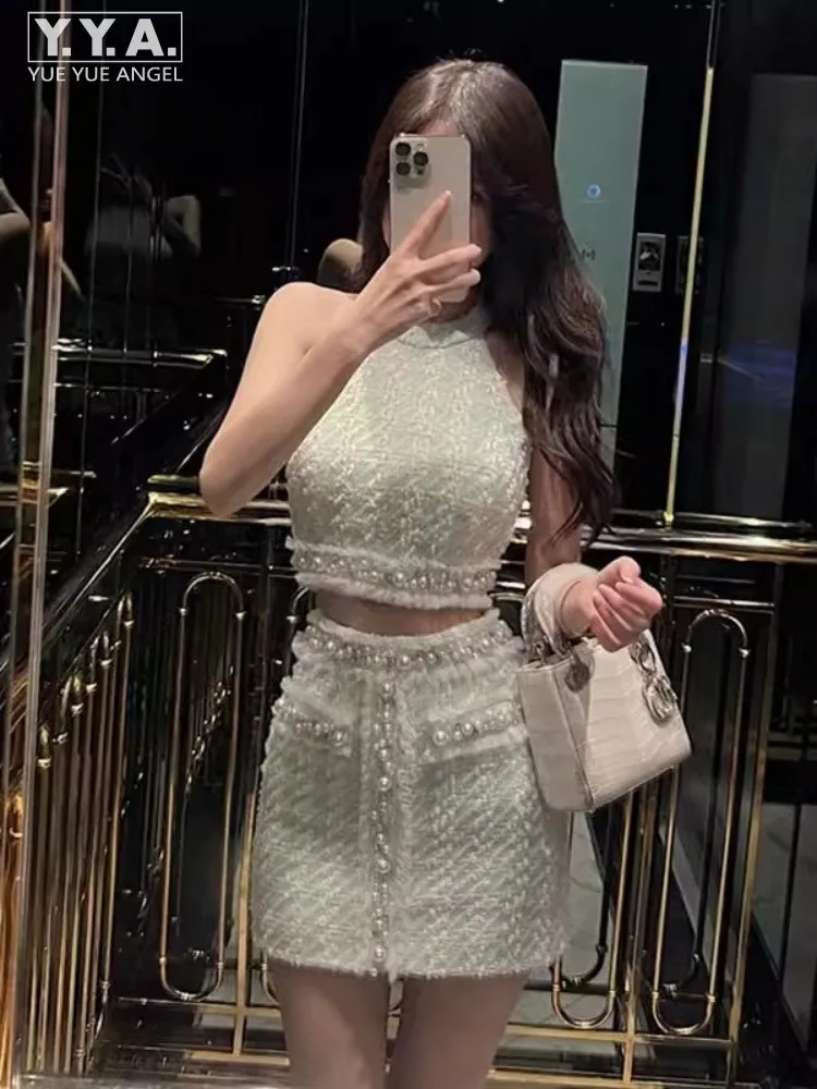 

New Summer Women Sexy Design Lace Diamonds Pearls Slim Fit Tweed Sleeveless Cropped Top High Waist A-Line Skirt Two Piece Set