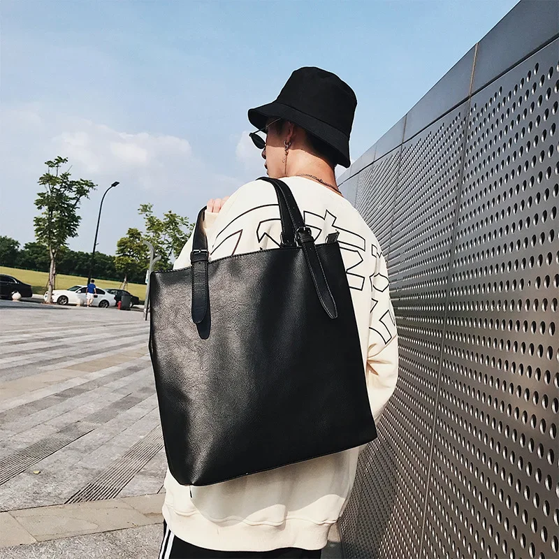 Soft Leather Tote Bag for Men's Japanese Korea Style Business Casual Street Handbag Male Large Capacity Zipper Laptop Bags