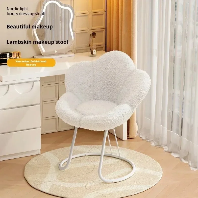 Cute White Back Vanity Chair Spinning Fluffy Wheels Adjustable Stool Vanity Chair Modern Metal Petit Meuble Nordic Furniture