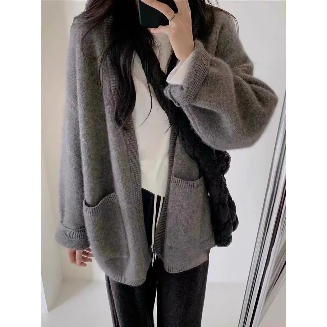 

Autumn Winter New Arrival Ice Silk A- Line Princess Sleeve V-Neck Gray Knitted Open Cardigan Outerwear Loose Lazy New Style