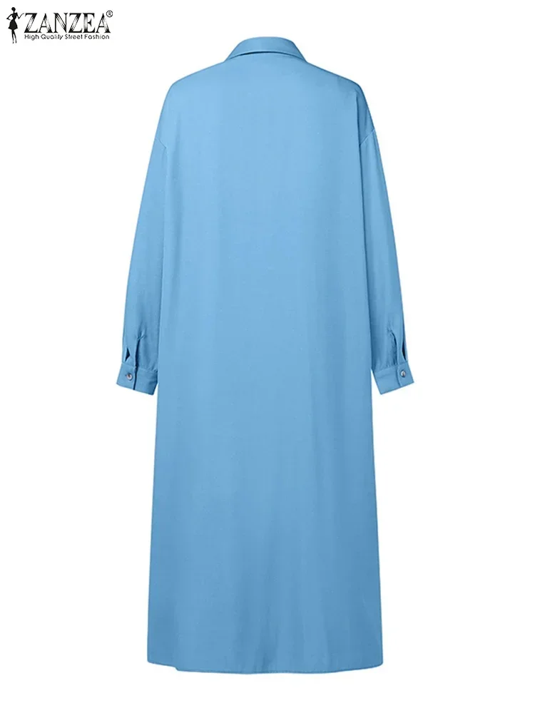 ZANZEA Abito lungo da donna Casual Tinta unita Vestido 2025 Autunno Vintage Open Up Bottoni Abito camicia Chic Risvolto Abito a maniche lunghe