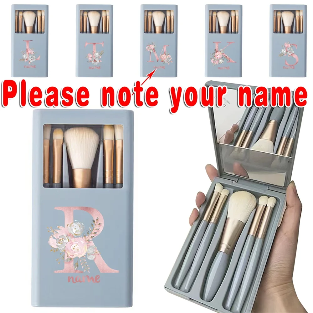 

Customized Name 5Pcs Women Makeup Brush Set With Mirror Portable Box Foldable Organizer Cosmetics Brush Kit Outdoor Beauty Tool