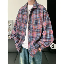 Autumn Long Sleeved Shirt Men Oversized Fashion Retro Casual Shirt Men Streetwear Korean Loose Plaid Shirt Mens Vintage Shirts