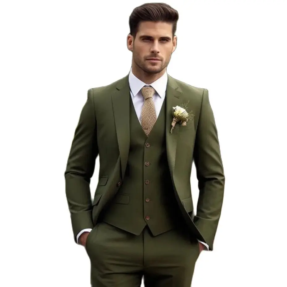 Tailor Elegant Men\'s Suits Green Blazer Single Breasted Notched Lapel Flat Regulat Full Set Skinny 3 Piece Jacket Pants Vest