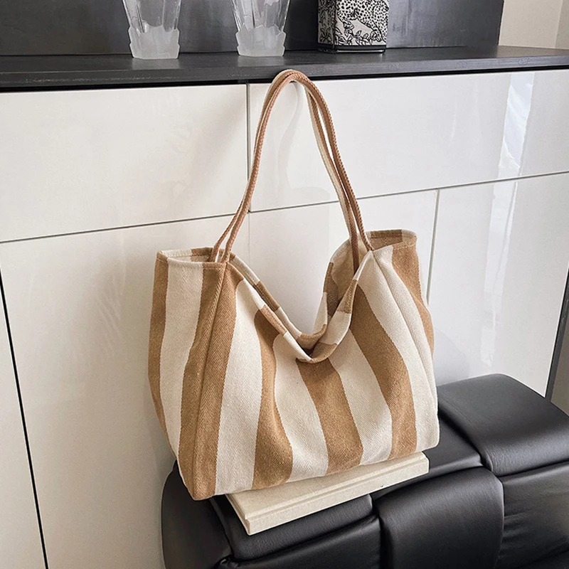 Sommerliche gestreifte Canvas-Tragetasche für Damen, lässig, große Kapazität, einfache Umhängetaschen, Einkaufshandtasche, tägliche Tragetasche – Detail 4