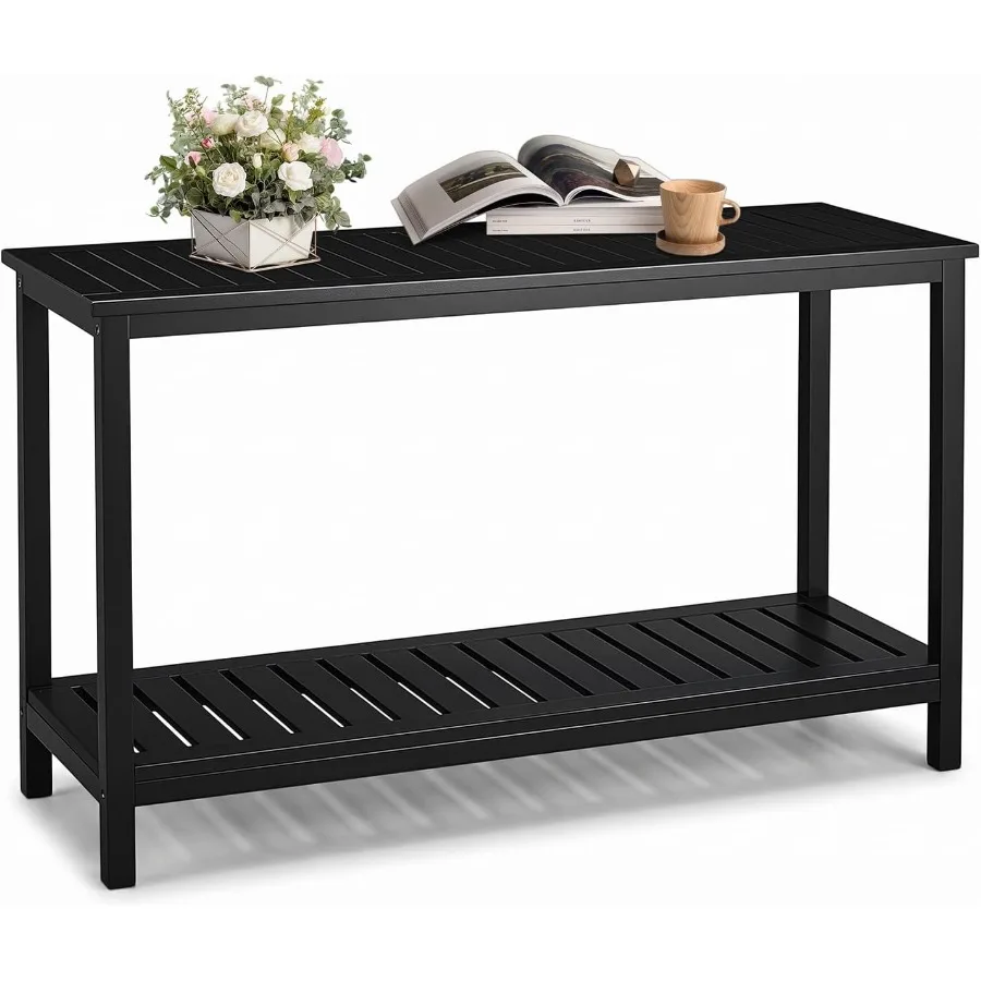 49in Solid Wood Outdoor Console Table, 2-Tier Patio Buffet Bar Table, Multi-Functional Storage Sideboard for Garden, Porch, Bal