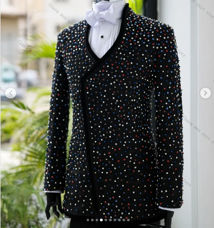 Colorful Crystals Men Suits Set 2 Pcs Blazer+Pant Trousers Black Wedding Tuxedo Formal Office Cotton Male Groom Prom Jacket Coat