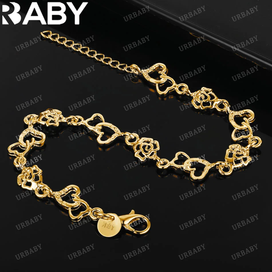 

URBABY 18K Gold Rose Flowers Hearts Bracelets For Woman Wedding Party Fine Jewelry 925 Sterling Silver Charms Bracelet Chain