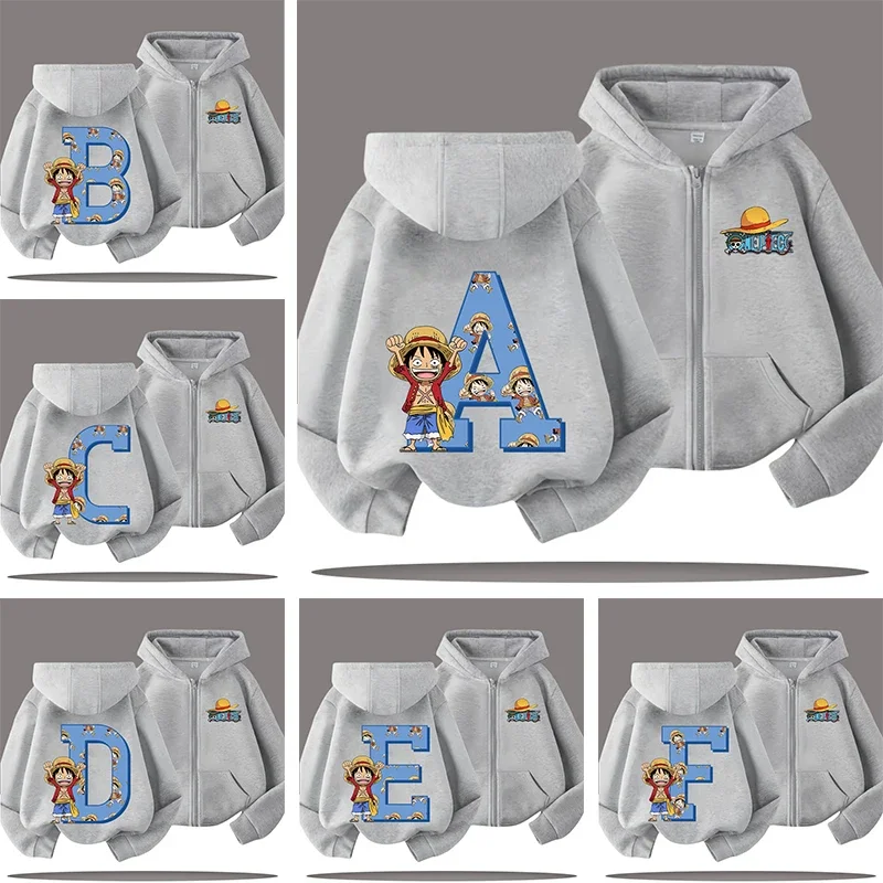 

2026 New One Piece children's zipper hooded sweatshirt with letter A-Z cartoon prints, boys' sportswear, girls' casual top