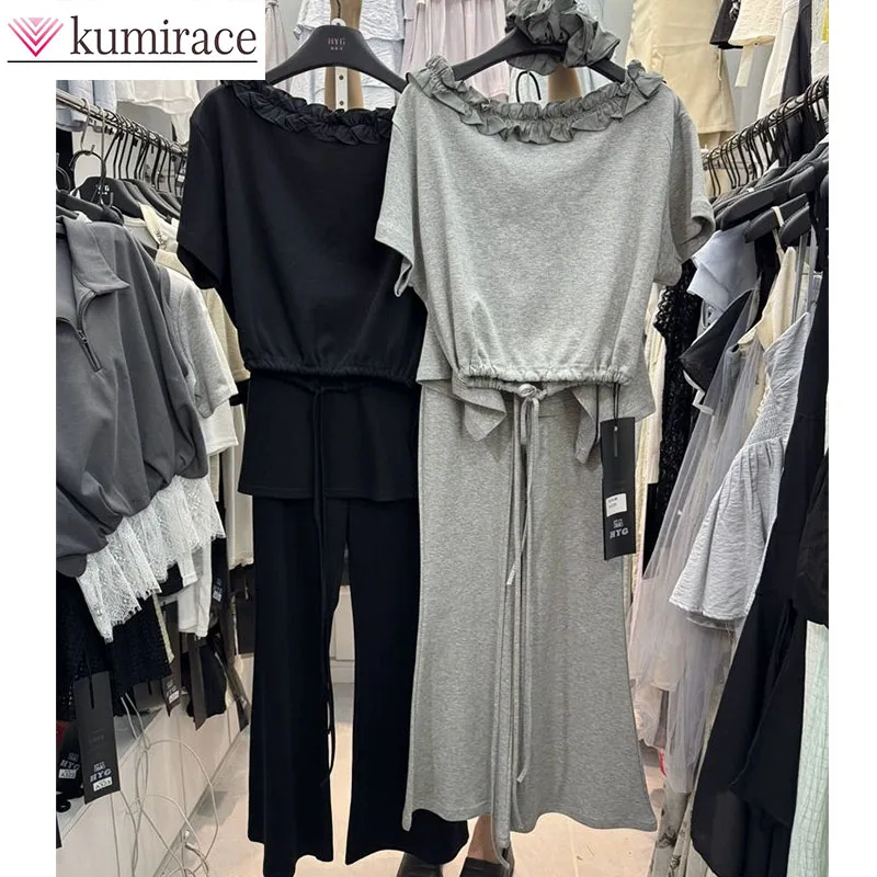 

2025 Summer Fungus Edge Drawstring Waist Cinching Short Sleeved Top+fart Curtain Wide Leg Casual Pants Fashionable Set Pant Sets