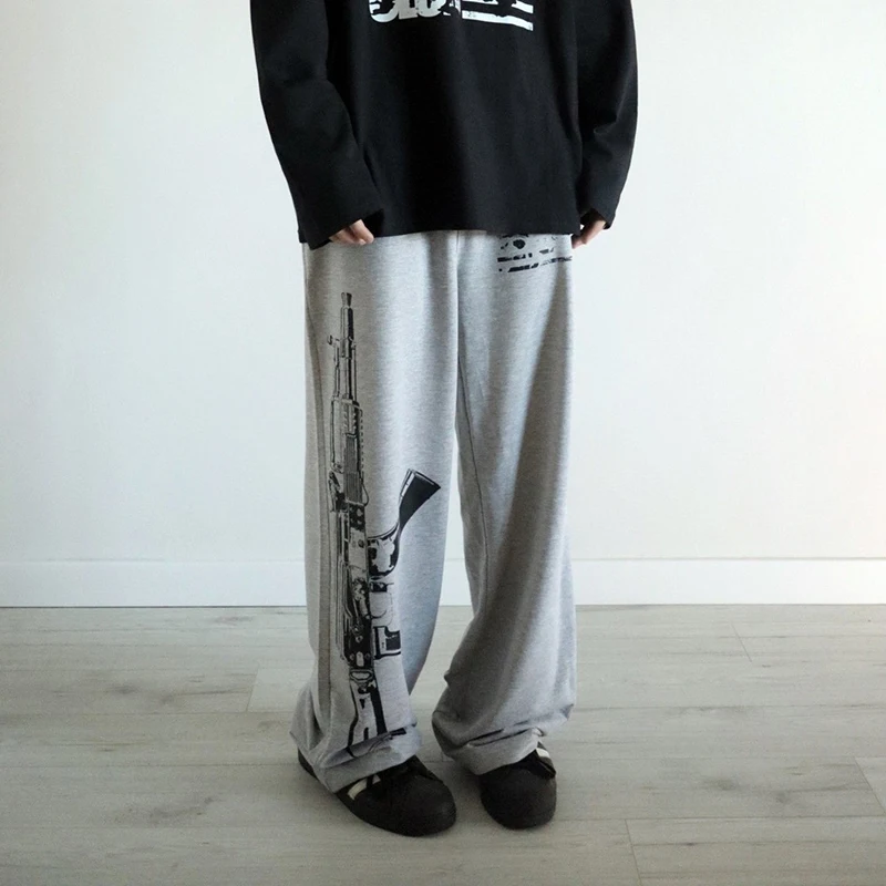 

Y2K Street Trendy Couple Elastic Waist Bathroom Pants Rifle Printed Pattern New Style for Men And Women