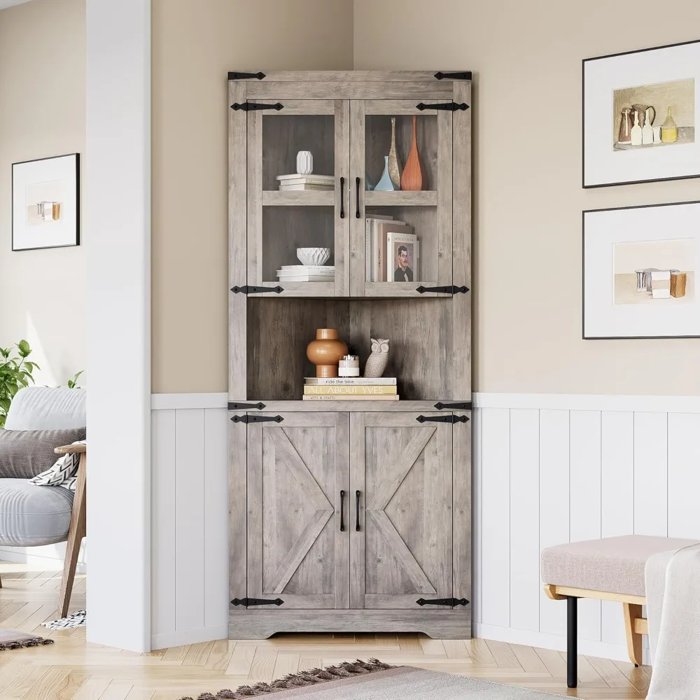 

Farmhouse Corner Cabinets, High Angle Storage Cabinets with Glass Doors and Adjustable Shelves
