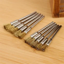 10Pcs Pencil Brushes Copper Wire Mounted Wire Wheel 3.17mm Shank Mandrel Set for Polishing Cleaning Deburring Power Rotary Tools