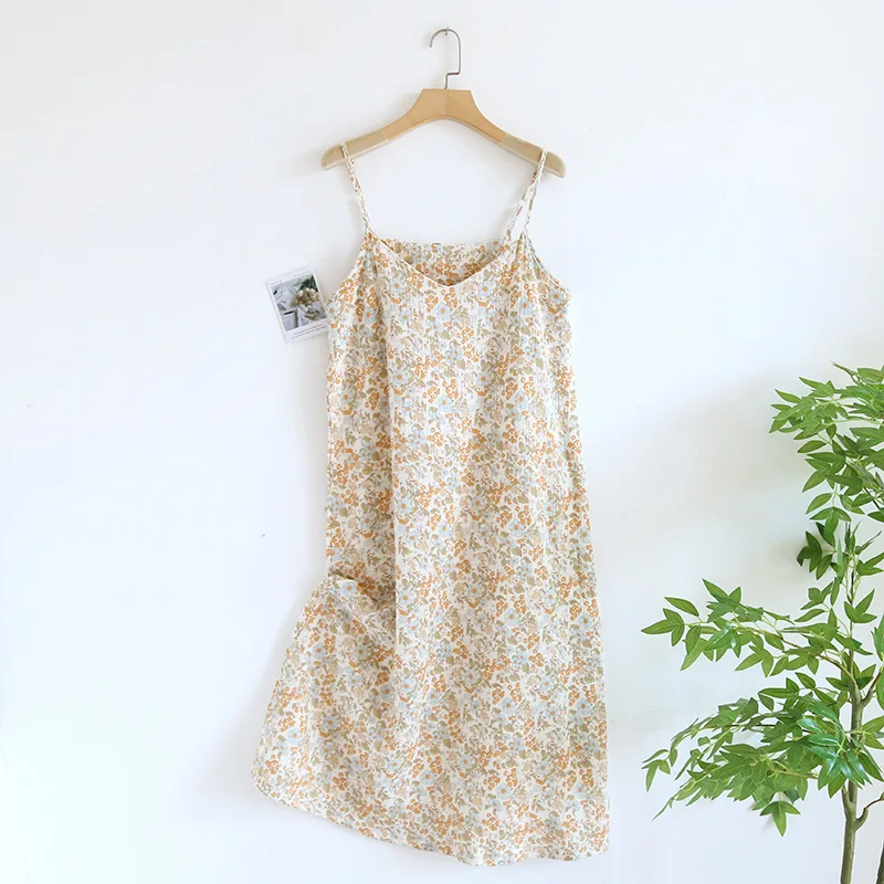 

2024 Summer New Women's 100% Pure Cotton Crepe Sleeping Skirt Thin Sling Dress with Adjustable Shoulder Straps for Home Dresses