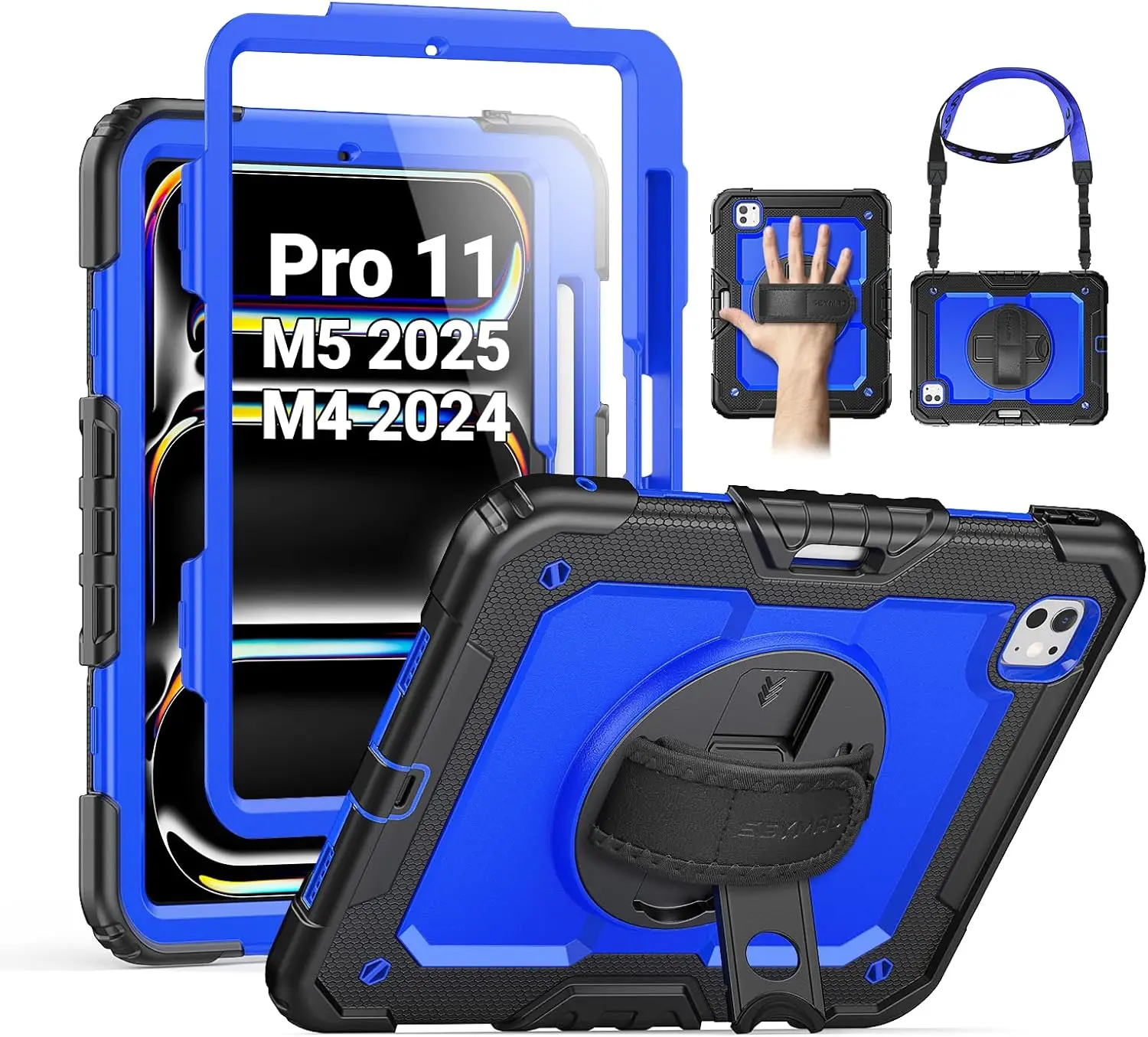 

Чехол для iPad Pro 11 дюймов с защитной пленкой, 360° ° Вращающаяся подставка, противоударный защитный чехол синего цвета