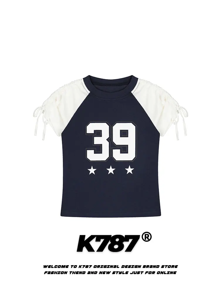 

K787 Spicy Girl BM Sle Letter Print oulder-Inserted ort Sve T-irt Women's Color Blo Sports Jersey Slim Fit Y2K S...