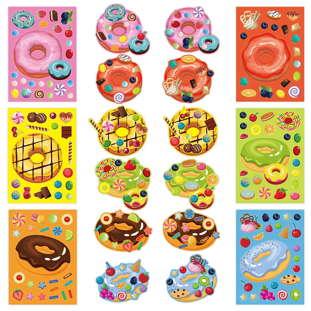 6/12Sheets DIY Donut Puzzle Stickers Make-a-Face Candy Dessert Kids Funny Jigsaw Toy Interactive Educational Children Party Gift