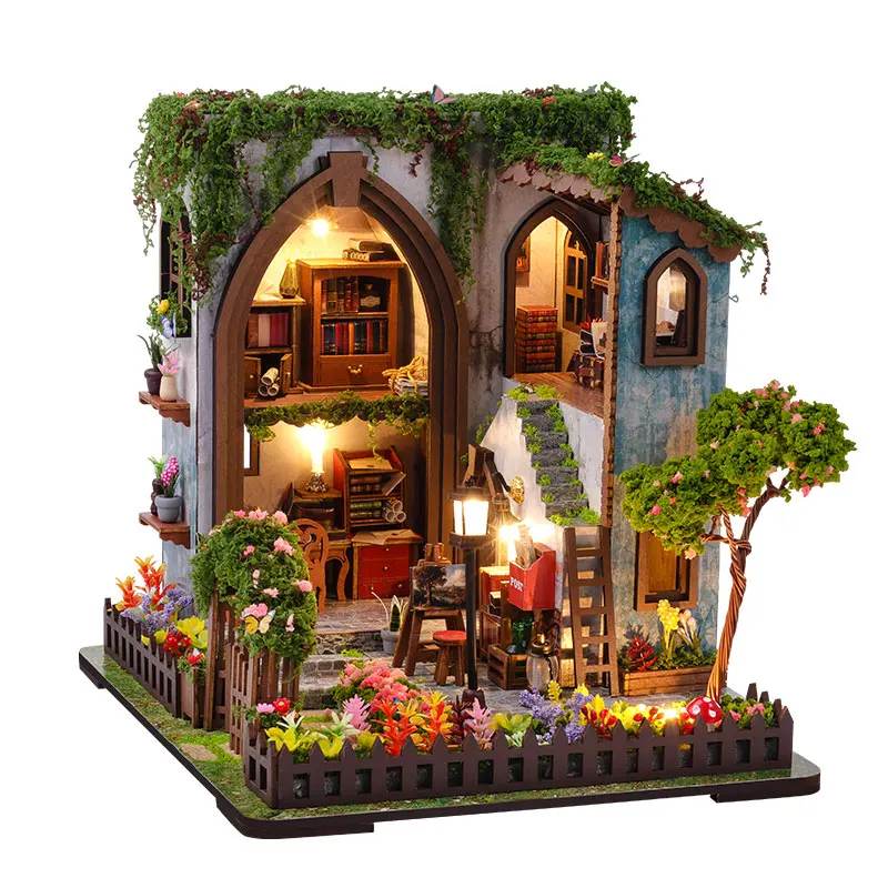 DIY Mini House Handmade Book Nook Wooden 3D Puzzle Assembly Miniature Scene Model Miniature Dollhouse Kit Bookshelf Insert Decor