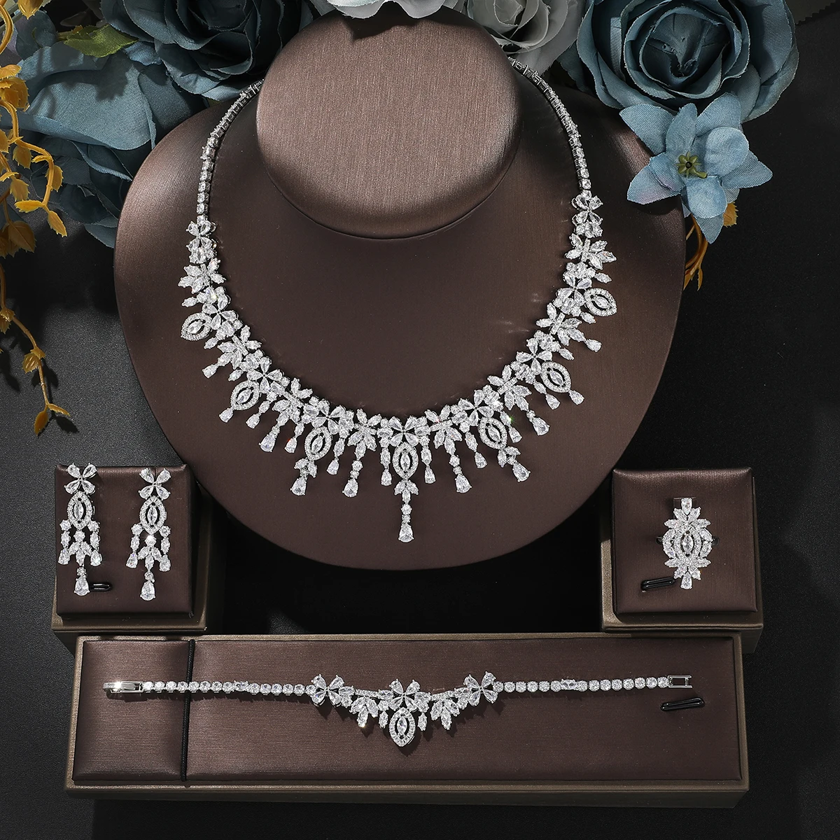 Charming Fashion Luxury Arabian Style Flower Tassel Design Jewelry Set Women Wedding Party Zircon Dubai Bridal Jewelry Set Gift