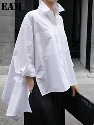 [Eam] 2024 nova primavera outono lapela manga longa branco volta longo solto tamanho grande camisa irregular blusa feminina moda maré ju847