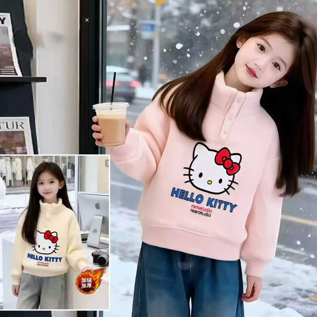 

Sanrio флисовая детская одежда Hello Kitty для девочек, утепленный топ, детский теплый пуловер с героями мультфильмов, свитшот для девочек Kpop