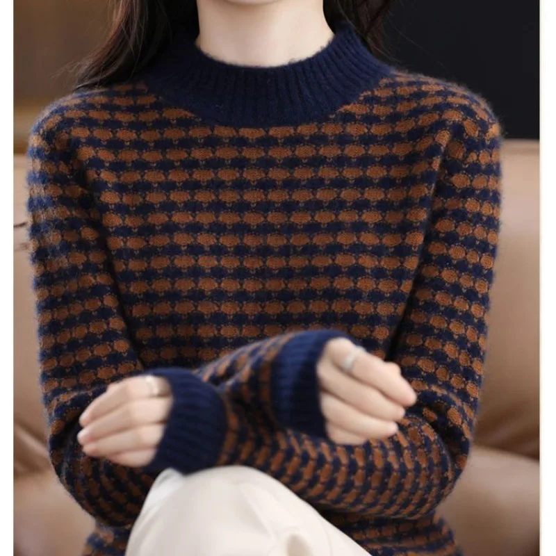 Fashionable Half High Collar Plaid Sweater Women's Loose Thick Autumn and Winter Casual Long Sleeved Pullover Knited Bottom Tops