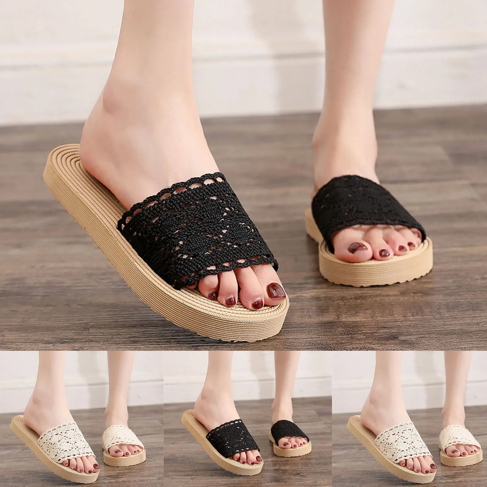 New Home Hollow Embroidery Women Slippers Home Lace Breathable Linen Slippers Ladies Flower Inside Beach Shoes Slides