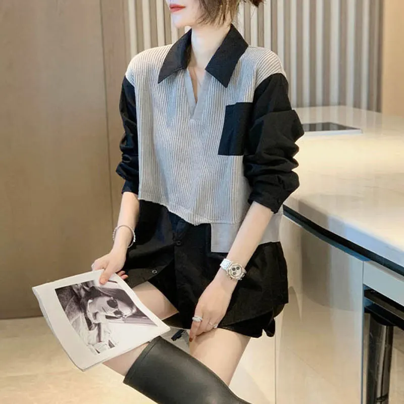 High Street Spring Autumn Stylish Spliced Blouse Fake Two Pieces Female Clothing Striped Turn-down Collar Casual Button Shirt