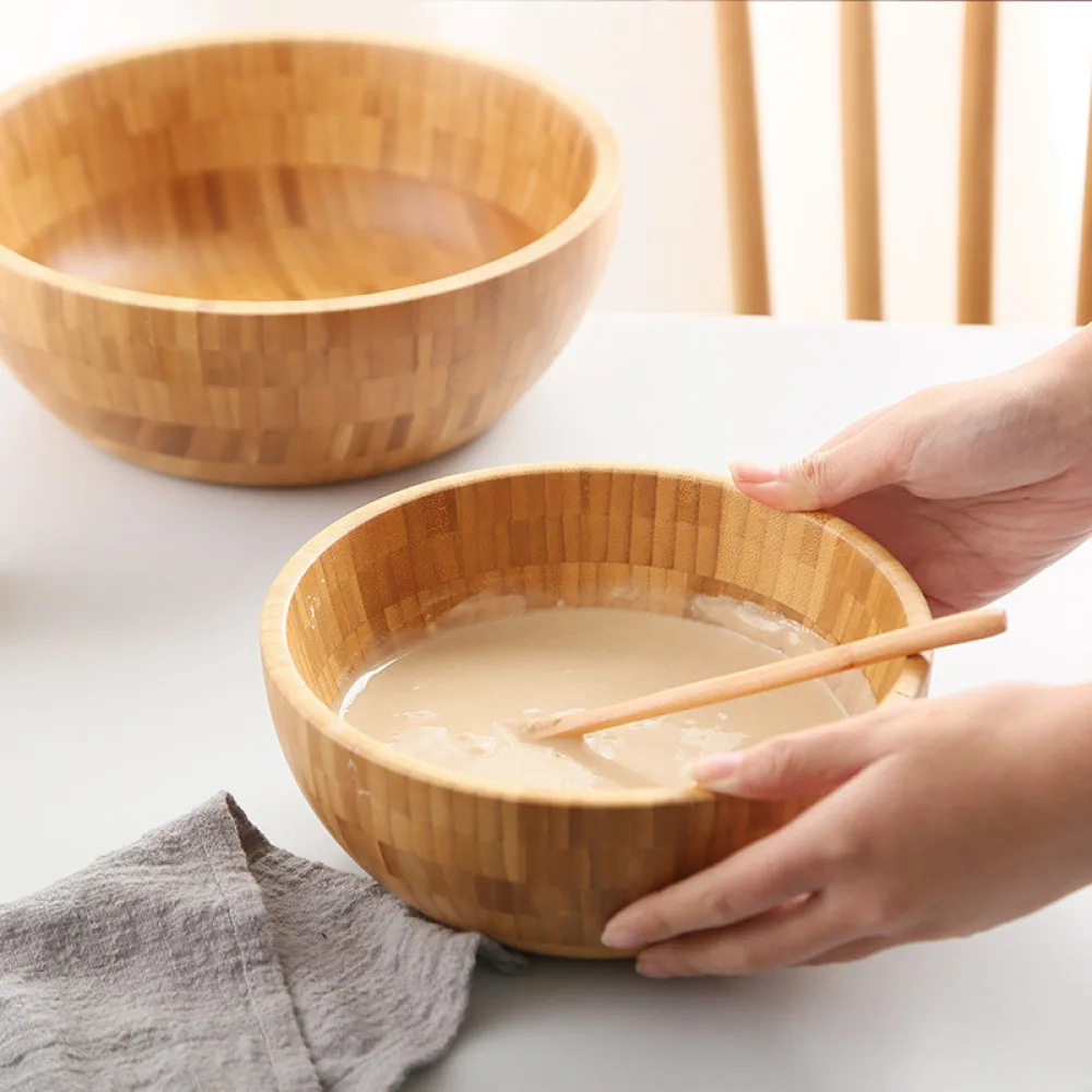 Large Bamboo Wood Salad Bowl Modern Kitchen Mixing Basin For Food Serving Handmade Natural Surface Durable Tableware