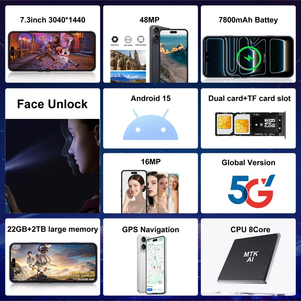 K-Touch 5G Smartphone 17 Pro Max 22G+2TB Cell Phone 7.3inch Full Display Mobile Phones Face Recognition 16+48MP Camera 5G Dual Sim 7800mAh Battery Android 15 Cellphones
