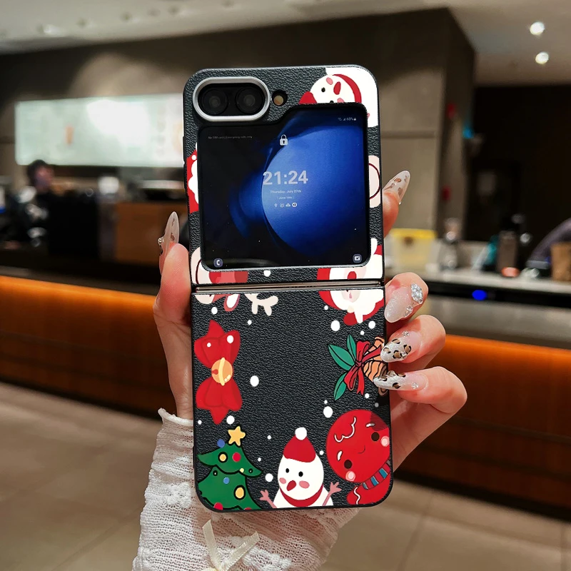 Santa Claus Snowman Christmas Case For Samsung Galaxy Flip6 Flip5 Flip4 Leather Texture Soft Cover For Samsung Z Z Flip 6 5 4 3