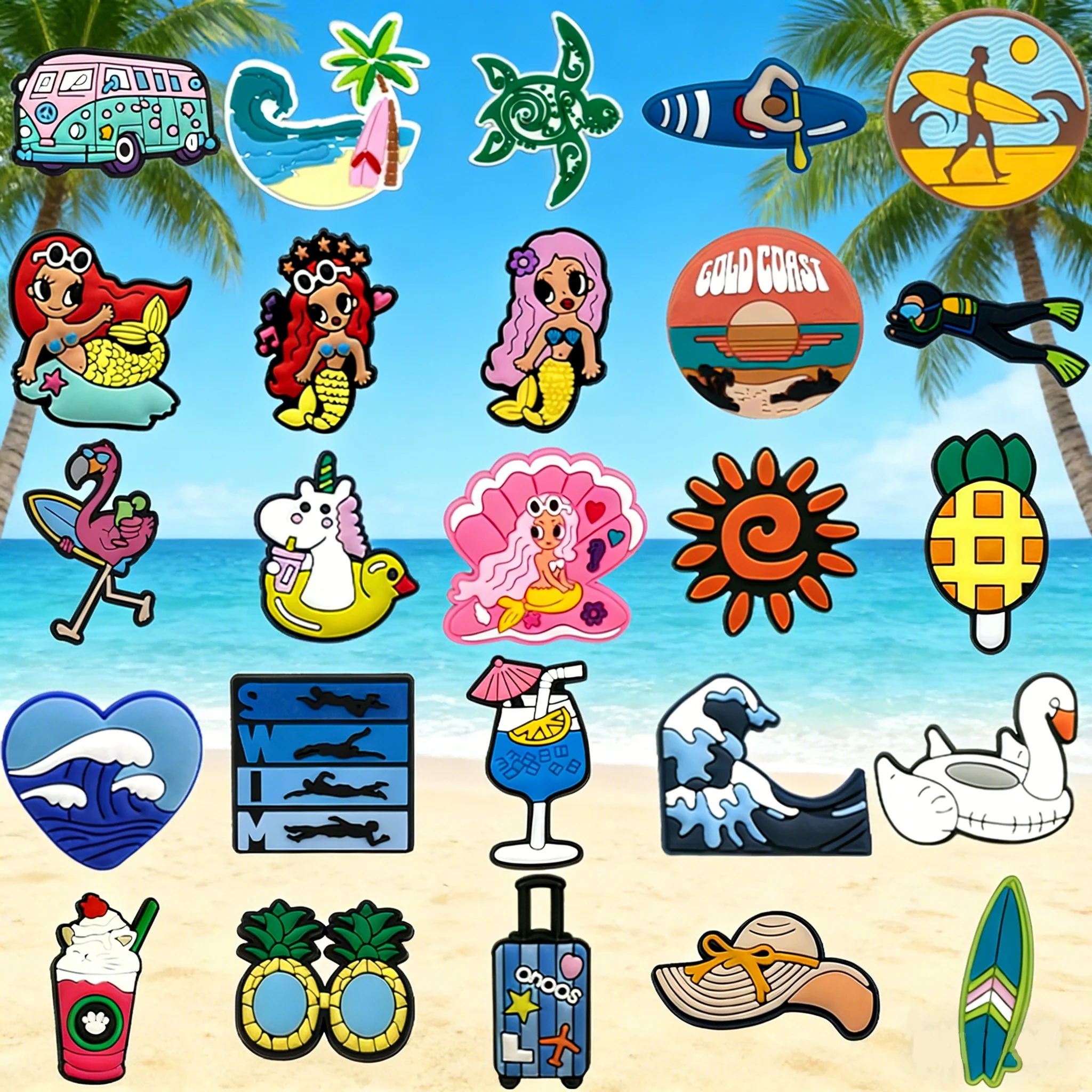 1/25PCS Summer Beach Shoe Charms Mermaid Swimming Ring Shoe Accessories Pins for Outdoor Leisure Women Men Clog Buckle Pendant