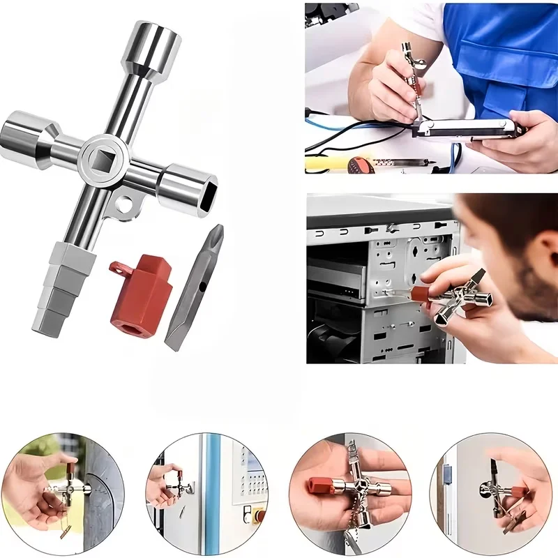 4‑Way Multifunctional Utility Cross Key Wrench with Screwdriver for Cabinet Elevator Water Meter Valve Repair Tool