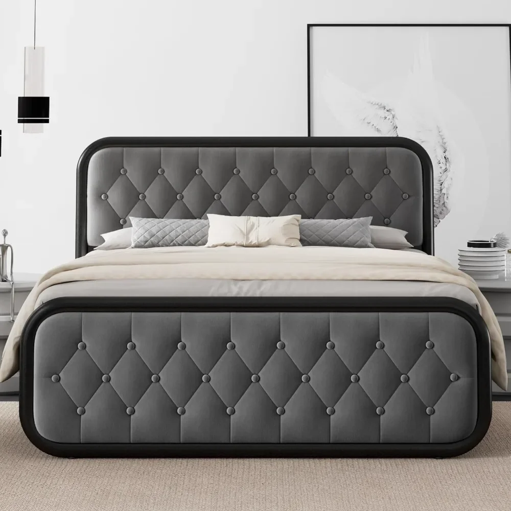 Bed Frame, Upholstered Platform Bed with Buton Tufted Headboard, Modern Bed Frame with Strong Metal Slats