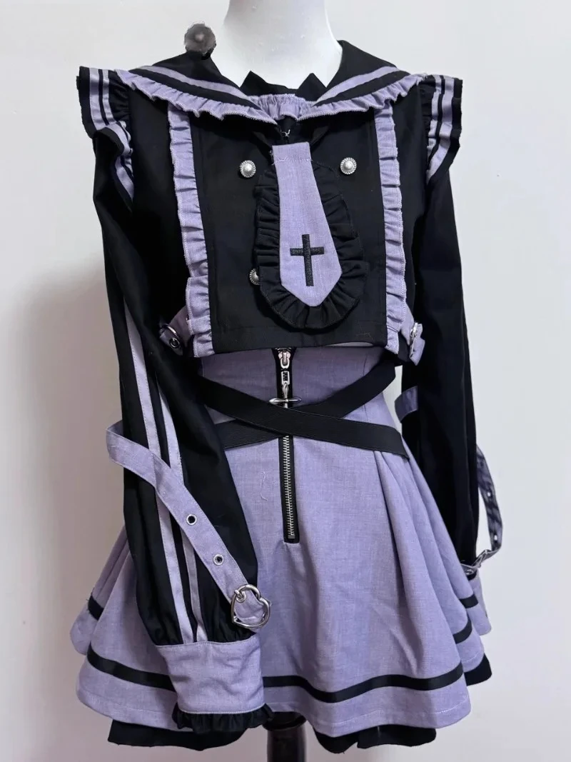 

Spring Summer New Suit Navy Collar Color Matching Long-sleeved Top Short Sweatshirt and High Waist Skirt Leg Cover 3-piece Set
