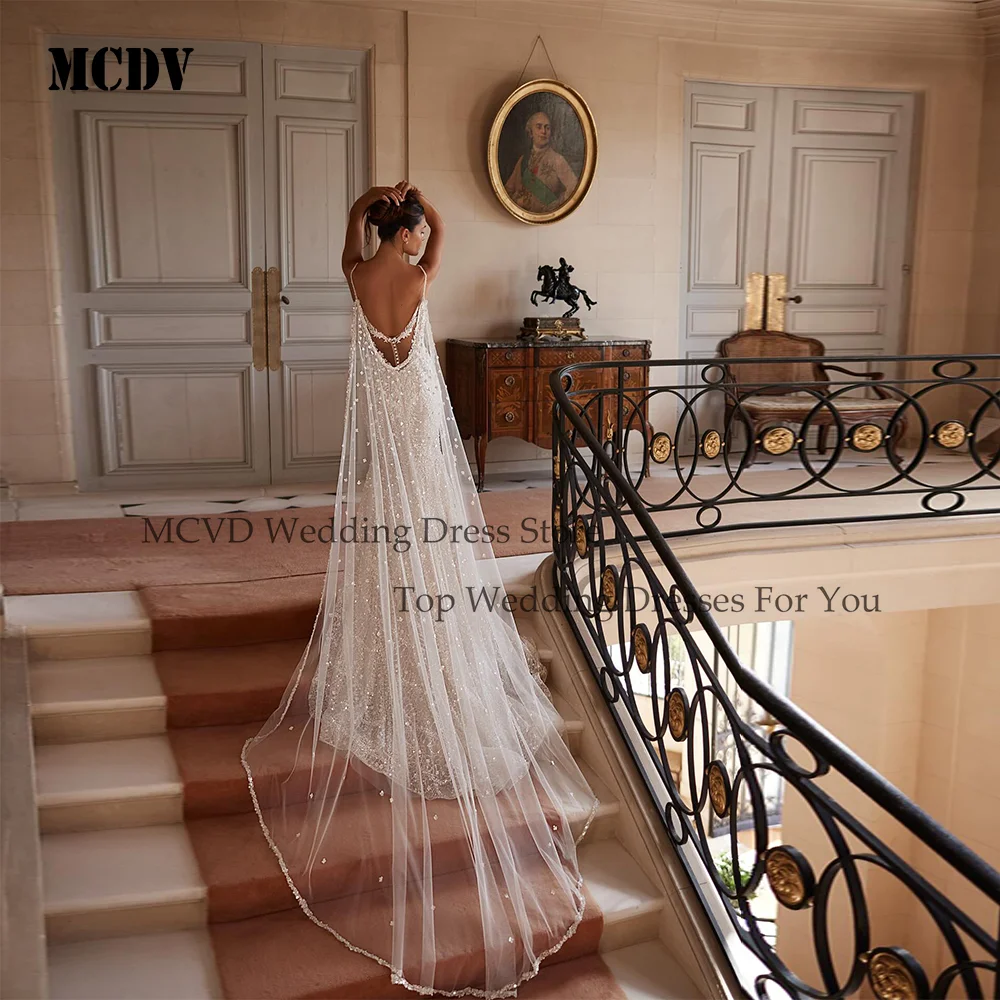 MCDV Backless Sequined Wedding Dress Mermaid Applique Crystals V-Neck Spaghetti Strap Bride Gowns hochzeitskleid 2025 Customized