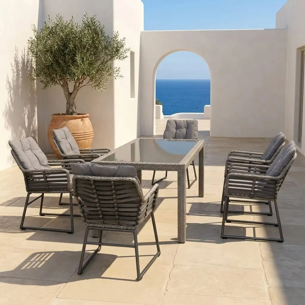 da- Celje Contemporary Farmhouse/Villa Dining Chair and Table Rattan Wicker Furniture Set for Outdoor Patio Use 7pcs
