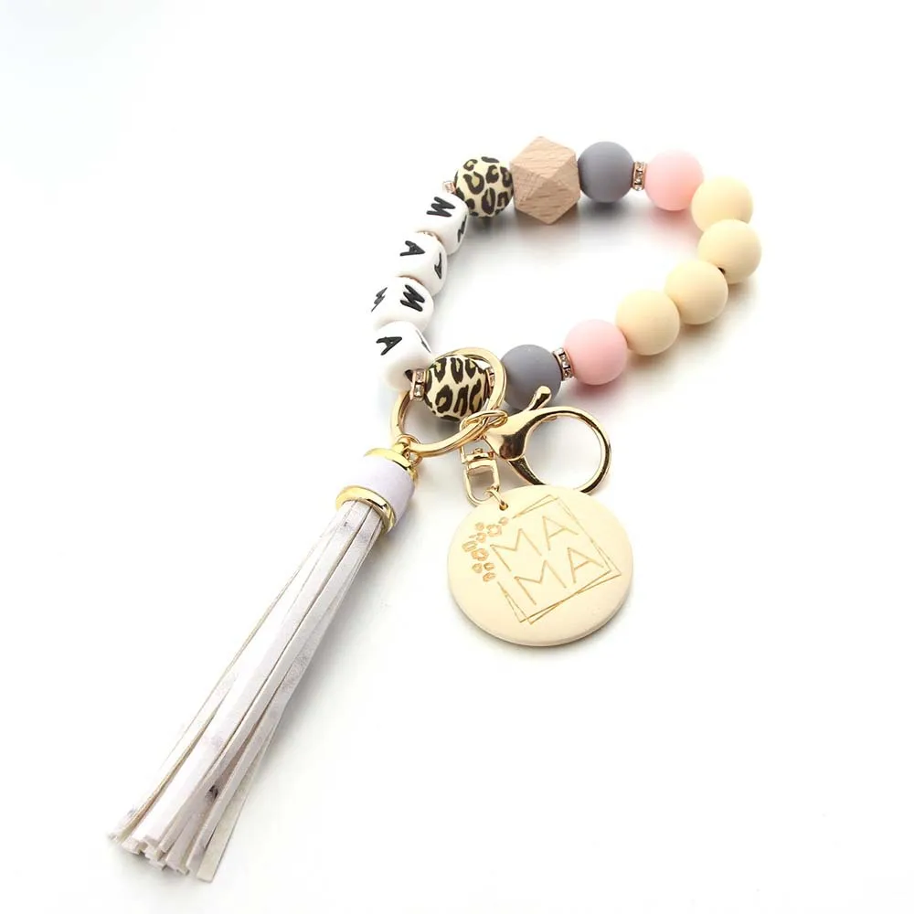 Fashion Round Wooden MAMA Pendant Tassel Keychain Silicone Ball Dice Woven Bag Charm Chain For Mother\'s Day gift