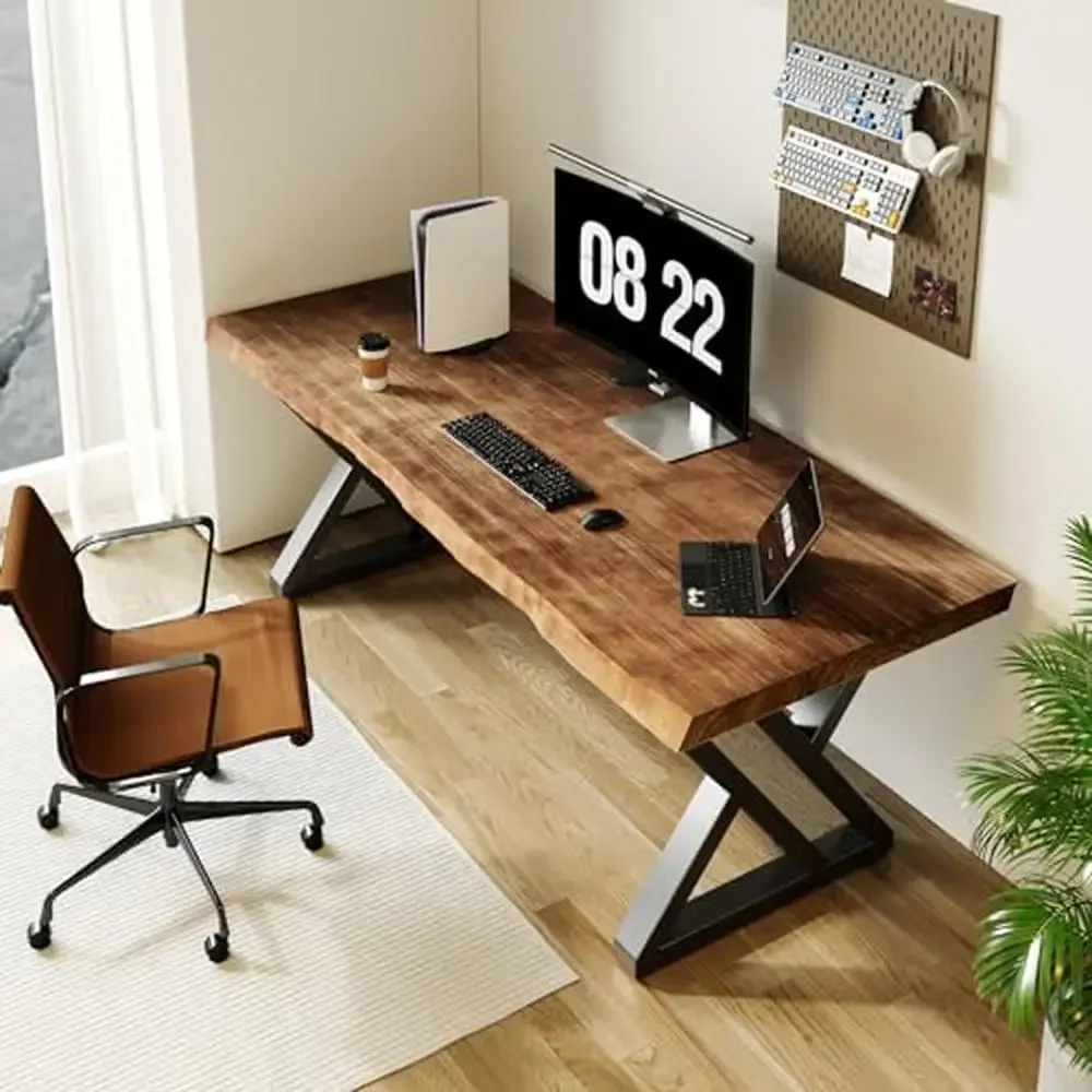 

55-inch Solid Wood Office Desk Modern Industrial Style Ergonomic Design Water-Resistant Finish Durable Metal Legs Ideal Study