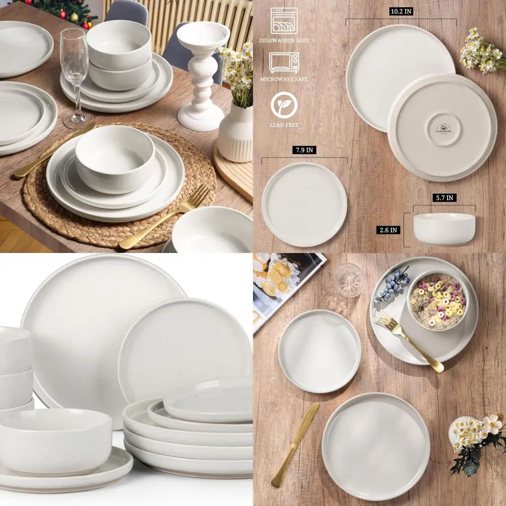 

Набор столовой посуды из керамогранита из 12 предметов: тарелки и миски на 4 человека, крапчатый молочно-белый цвет для домашнего и ресторана