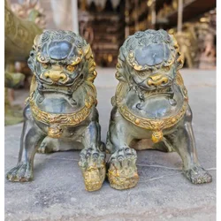 Antique old Bronze Lions Door Fengshui Guardion Fu Foo Dogs Lion Statue Pair