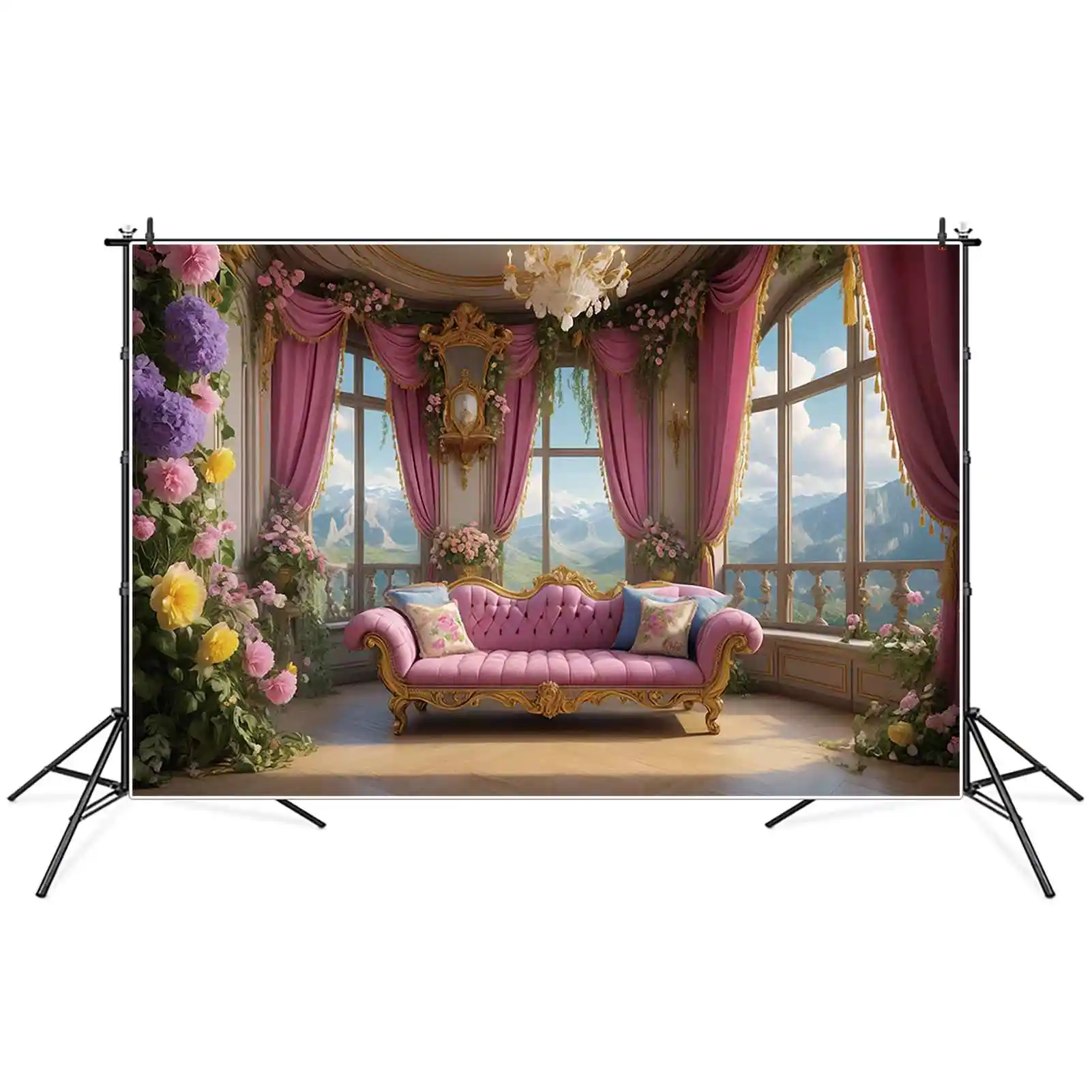 MOON.QG Castle Sofa Princess Birthday Backgrounds Women Pink Curtain Floral Flower Garland Backdrop Custom Party Photocall Props