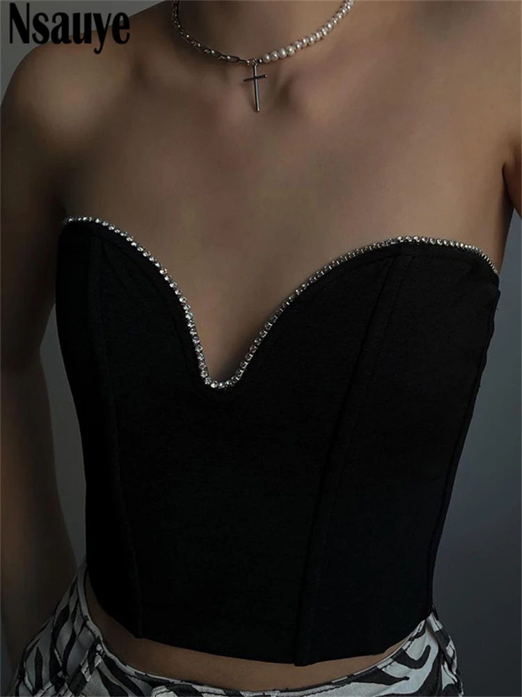 Nsauye Y2K Sleeveless Vintage Bustier Corset Tops Women Night Club Sexy Backless Off Shoulder Diamonds Black Tube Crop Tops 2022