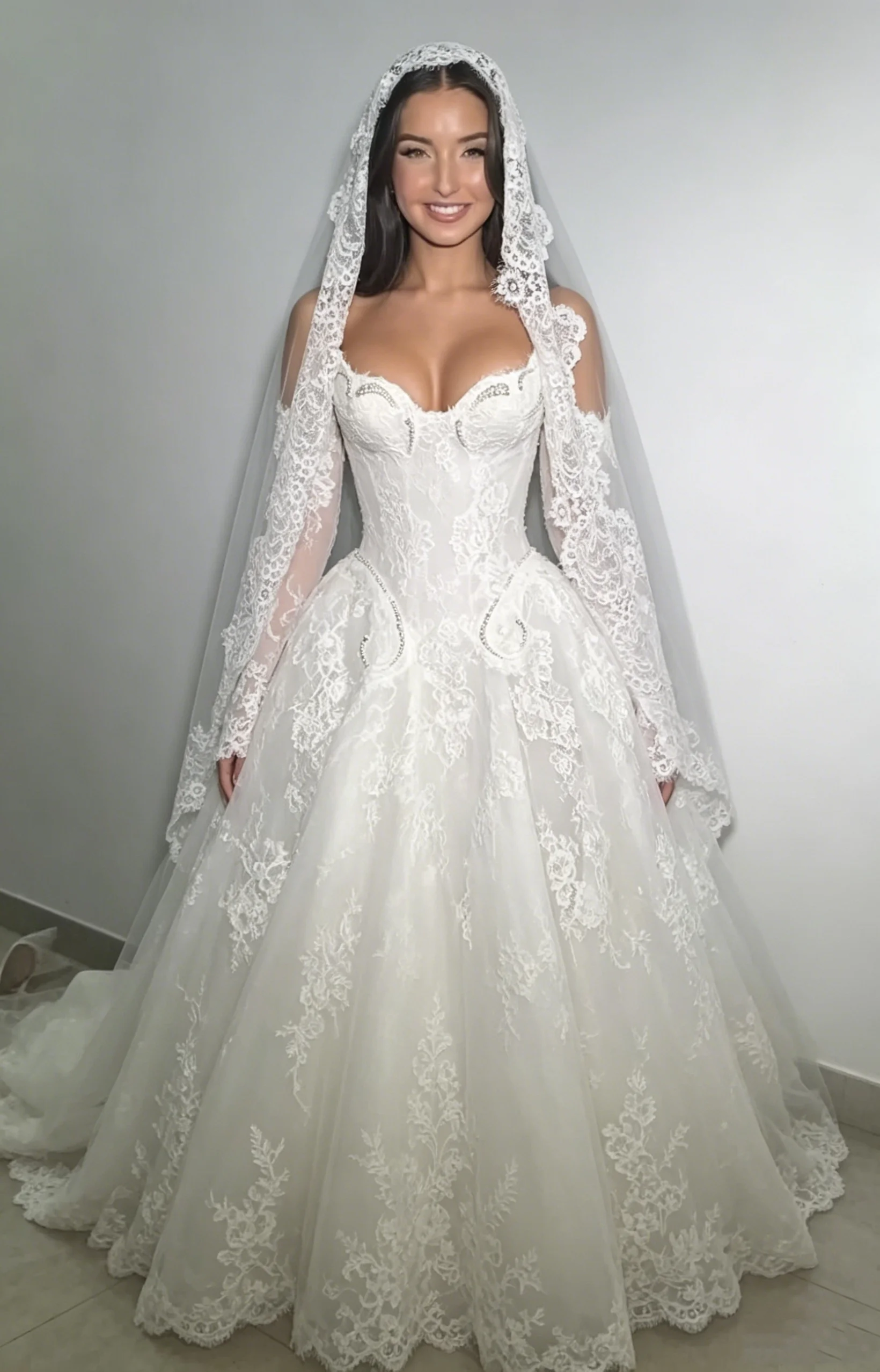 Custom Elegant White Sweetheart Lace Ball Gown Wedding Dress Off Shoulder Long Sleeve Bridal Gown with Beaded Details