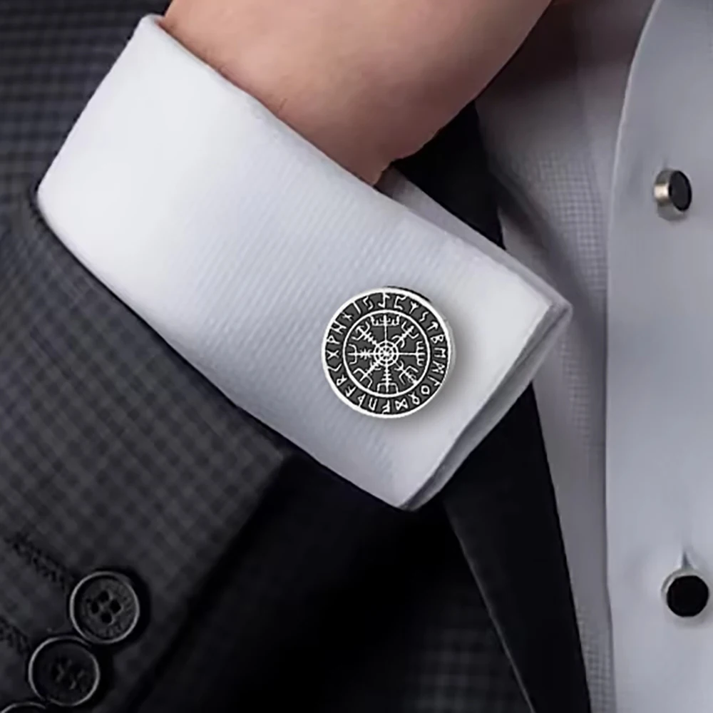 

Skyrim 1 Pair Vegvisir Runic Compass Nordic Odin Cufflinks Men Stainless Steel Cufflink for Suit Amulet Accessories Gift