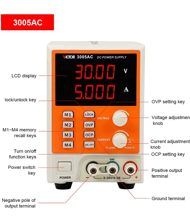 Hot VICTOR 3005AC Top type Program Control switch type DC Power Supply Stabilization 30V 5A Adjustable OVP OCP 4 bits Display