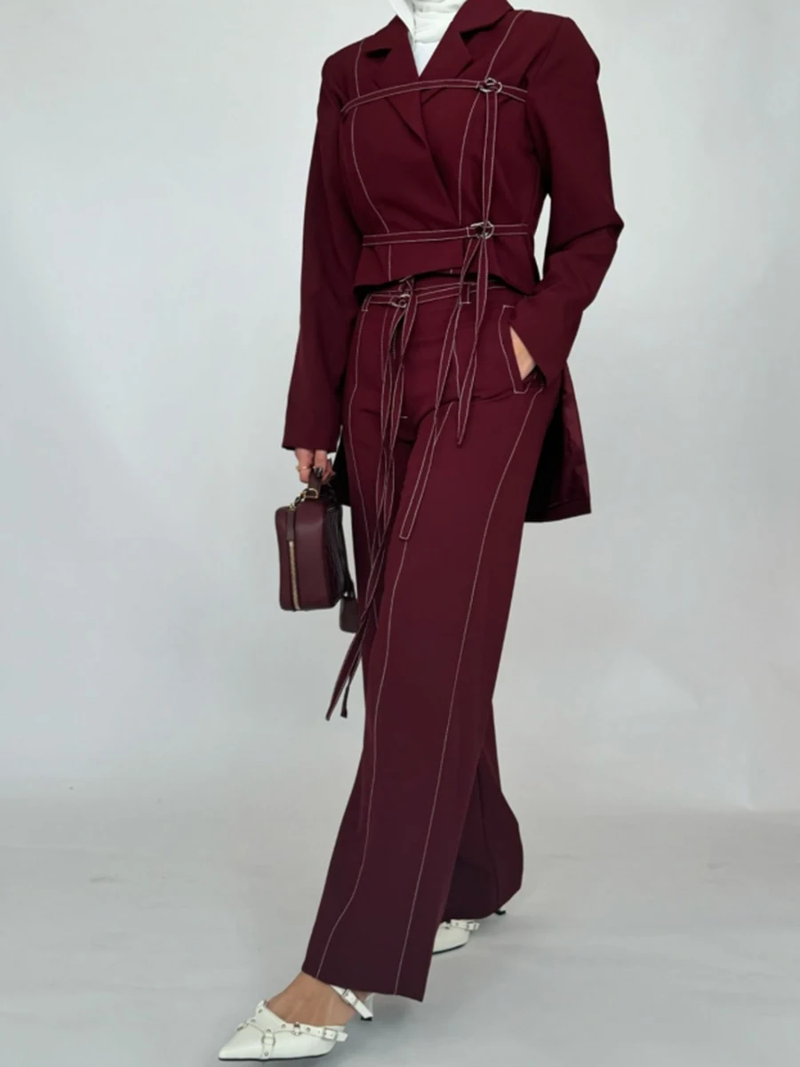 TWOTWINSTYLE Burgundy Two Piece Set For Women Notched Collar Long Sleeve Top High Waist Straight Pant Temperament Sets Female